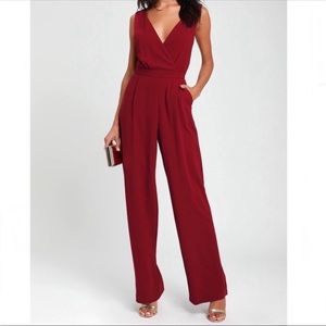 NWT Lulu’s Kiska Lace Back Surplice Neckline Wide Leg Burgundy Jumpsuit Sz Large